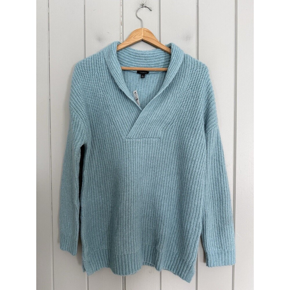 NWT Talbots Shawl Collar Shaker Stitch Pullover Sweater S Small Blue V-Neck NEW